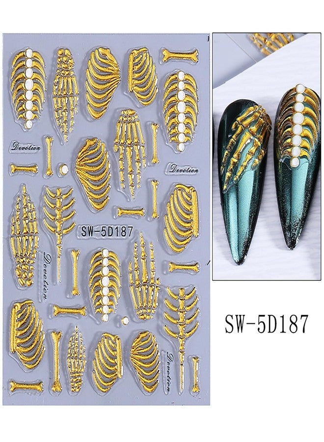 LYLYNB Skull Nail Stickers 2Pcs Skeleton Nail Art Stickers 5D Embossed Design Nail Decals Self Adhesive Halloween Nail Decorations Hand Bones Nails Sliders for Women Girls Manicure Accessories - Image 2