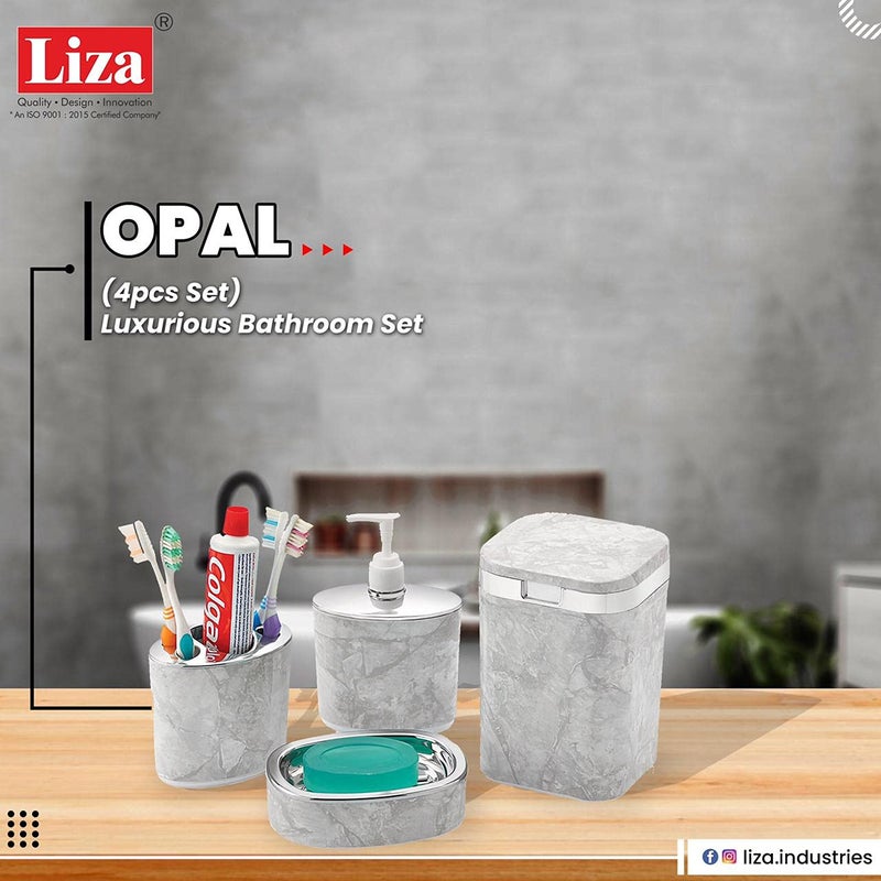 Liza Opal 4 PCS Bathroom Assesories Set Toothbrush Holder Soap Dish Soap Dispenser Dustbin (Set of 4, Grey, Opal, Polystyrene) - Image 3