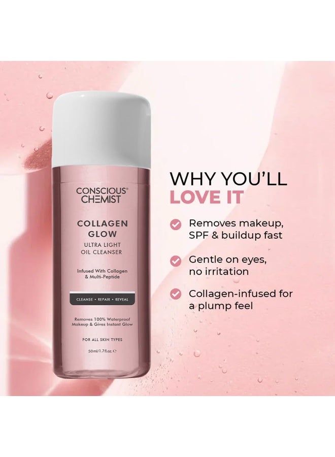 Conscious Chemist® Collagen Glow Ultra Light Oil Cleanser | 50ml | Makeup Remover & Nourishing Oil Cleanser with Hydrolyzed Collagen & Peptides | Improves Elasticity, Smooths Texture & Supports Skin Barrier | For Men & Women, All Skin Types - Image 2