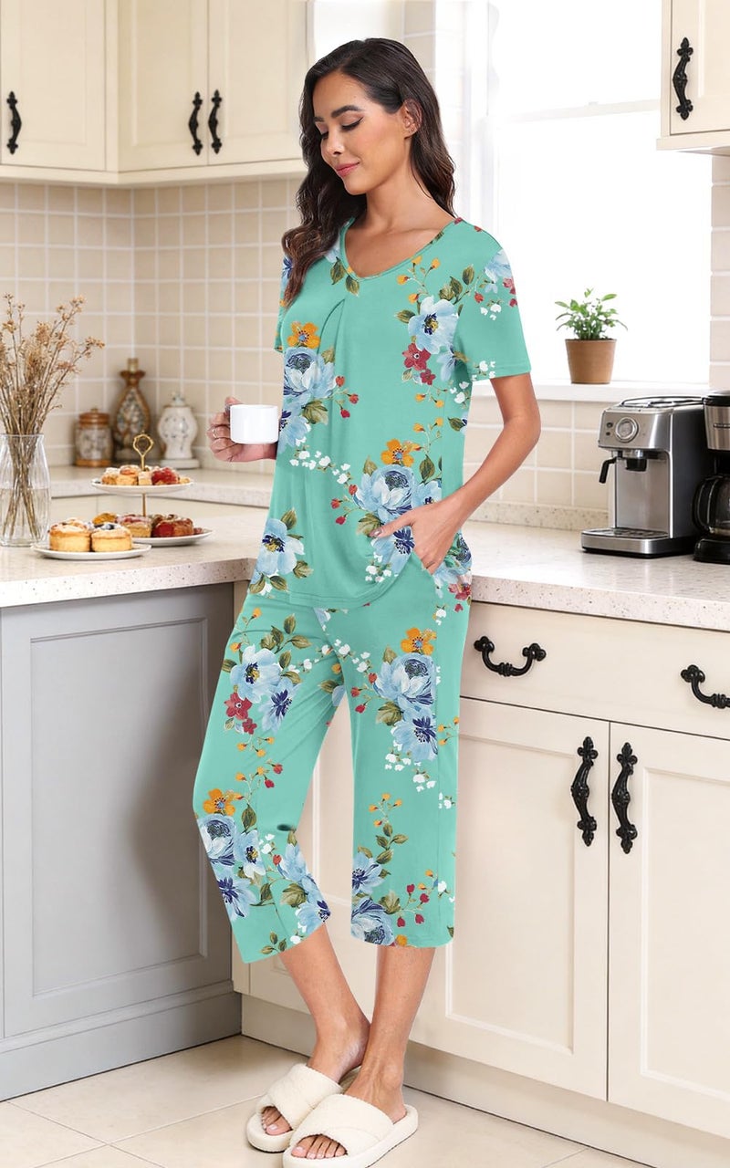Anyally Women's Summer Pajama Set Plus Size Short Sleeve Shirt and Pajama Pants 2 Piece Sleepwear Pleated Ladies Pjs Sets with Pockets, 3XL Mint Green - Image 2
