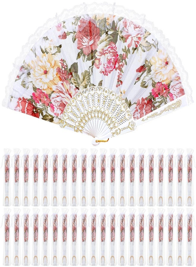 Geelin 50 Pcs Hand Lace Foldable Fans Bulk for Women with Organza Bag Lace Folded Hand European Retro Fan Bridal Dancing Prop Wedding Party Favors for Dancing Tea Party (White,Colored Rose) - Image 1