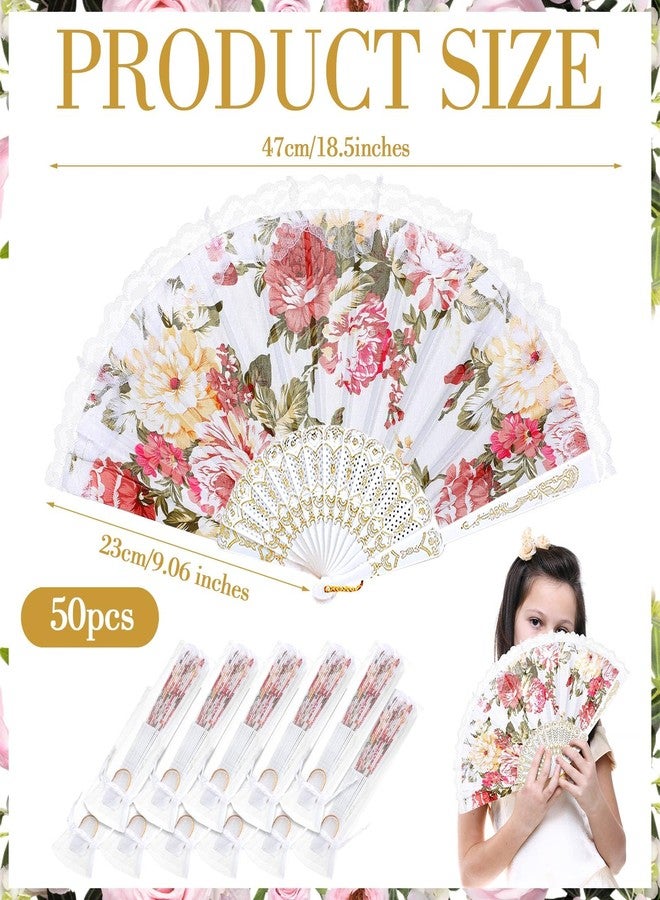 Geelin 50 Pcs Hand Lace Foldable Fans Bulk for Women with Organza Bag Lace Folded Hand European Retro Fan Bridal Dancing Prop Wedding Party Favors for Dancing Tea Party (White,Colored Rose) - Image 2