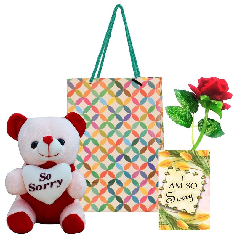 Saugat Traders Saugat Traders Sorry Gift for Girlfriend, Boyfriend - Apology Card, Soft Teddy Bear with Artificial Red Rose Flower and Paper Carry Bag - Apologize Gift Combo - Image 1