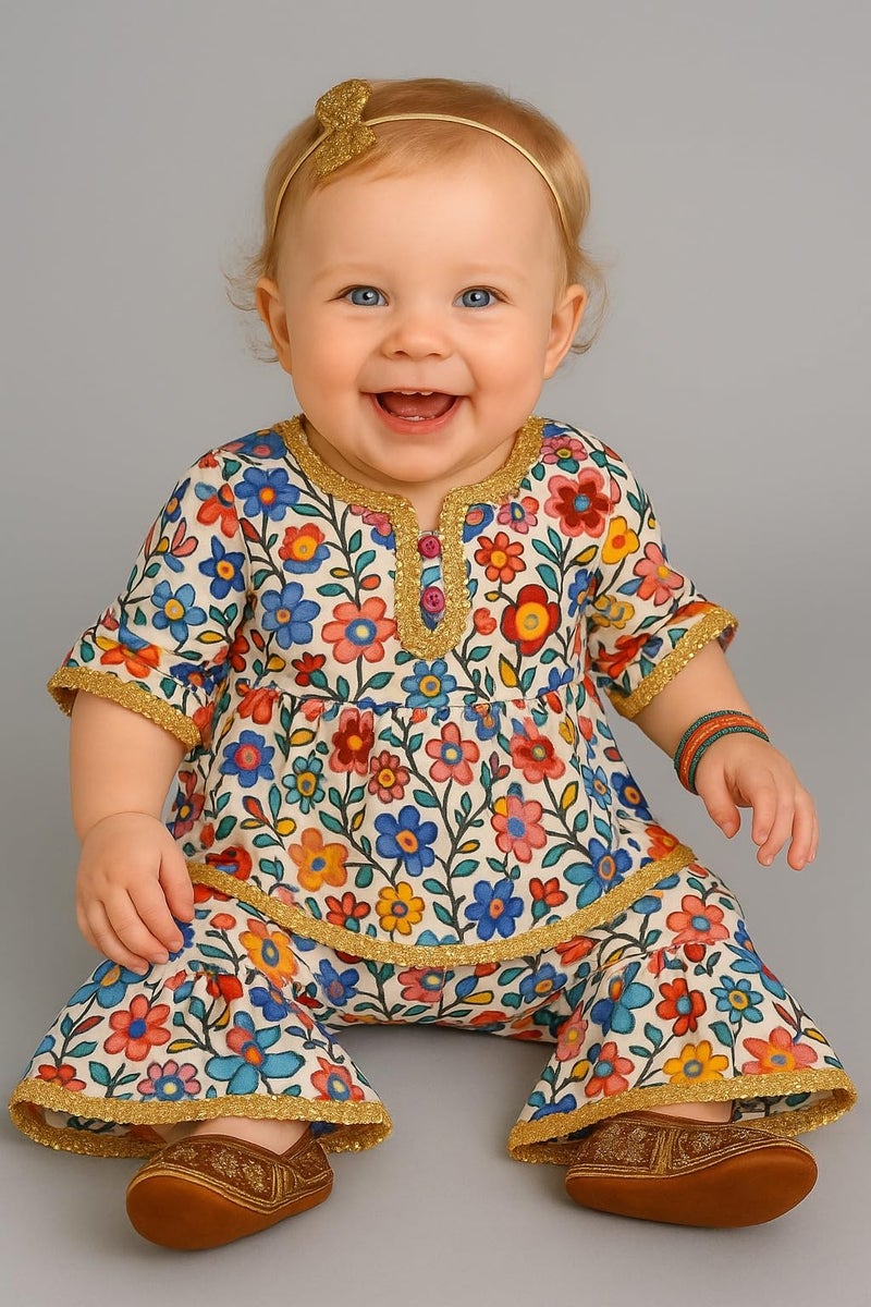A.T.U.N. (ALL THINGS UBER NICE) Baby Girls Cotton Floral Printed Kurti and Sharara Set | Soft & Breathable Traditional Stylish Clothing Set for Kids - Image 2