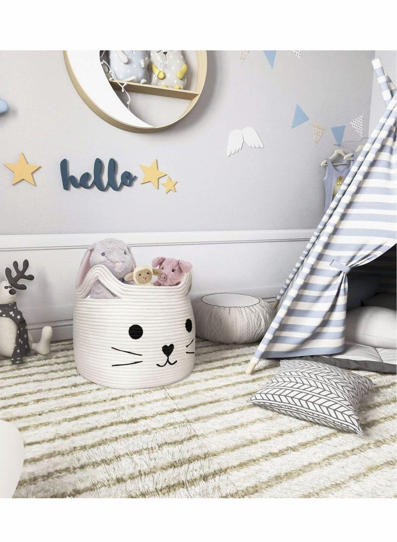 XiuWoo Large Woven Cotton Rope Storage Basket with Cute Cat Design Animal Laundry Organizer for Towels, Blanket, Toys, Clothes, Gifts – Pet or Baby Gift Baskets(40cm L×30cmH) - Image 3