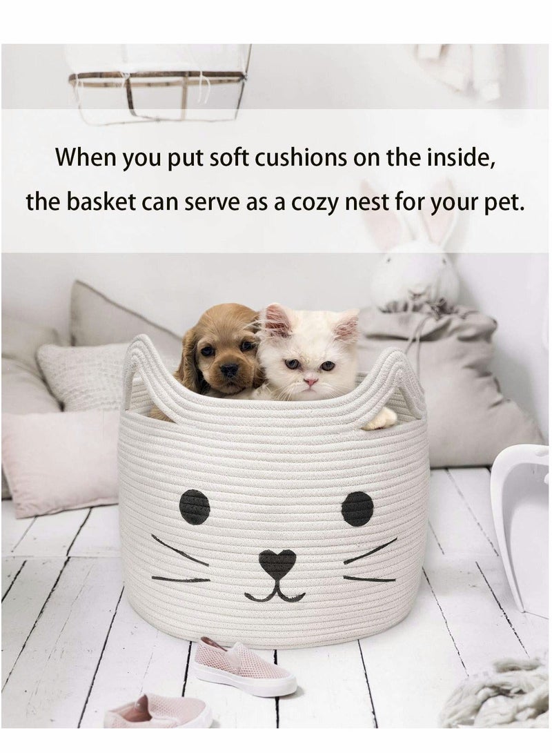 XiuWoo Large Woven Cotton Rope Storage Basket with Cute Cat Design Animal Laundry Organizer for Towels, Blanket, Toys, Clothes, Gifts – Pet or Baby Gift Baskets(40cm L×30cmH) - Image 5