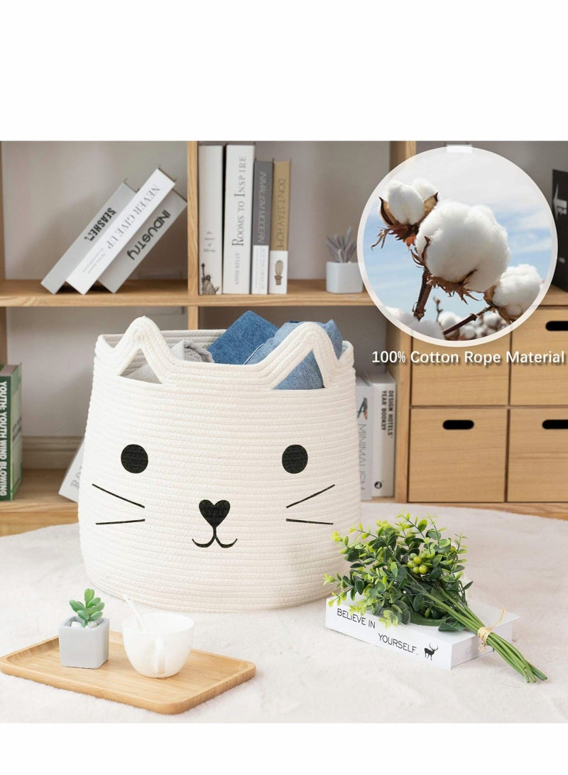 XiuWoo Large Woven Cotton Rope Storage Basket with Cute Cat Design Animal Laundry Organizer for Towels, Blanket, Toys, Clothes, Gifts – Pet or Baby Gift Baskets(40cm L×30cmH) - Image 2