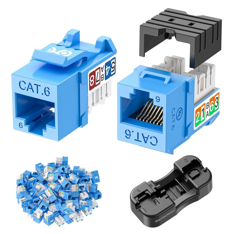 CableMatters [مدرج في UL] حزمة 25 من موصلات كات 6 سريعة التركيب بسرعة 10 جيجابت في الثانية، موصل RJ45 بملف نحيف مع قاعدة تثبيت، متوافق مع أنظمة ليفيتون كويك بورت، أزرق (رقم الموديل 180070) - Image 1