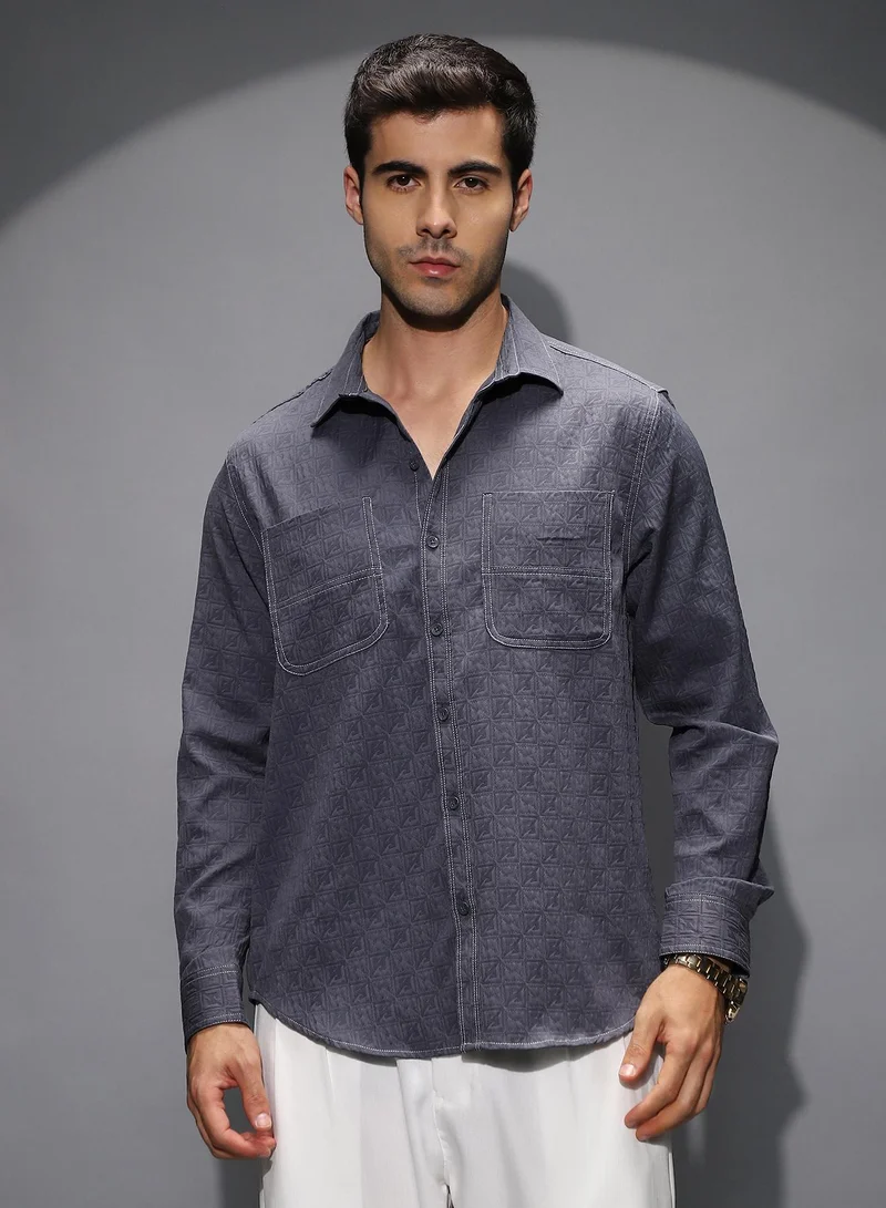 كامبوس سوترا Men's Navy Blue Obliqa-Utility Relaxed Shirt For Casual Wear | Spread Collar | Long Cuffed Sleeves | Button Closure | Shirt Shirt Crafted With Comfort Fit For Everyday Wear
