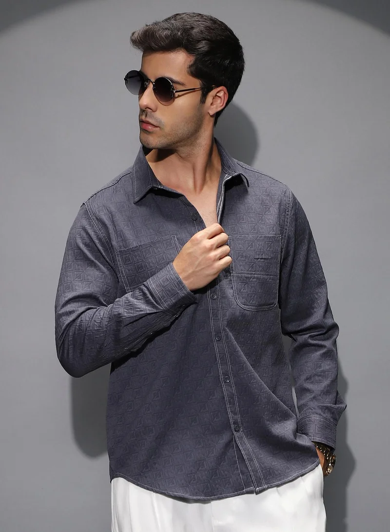 كامبوس سوترا Men's Navy Blue Obliqa-Utility Relaxed Shirt For Casual Wear | Spread Collar | Long Cuffed Sleeves | Button Closure | Shirt Shirt Crafted With Comfort Fit For Everyday Wear