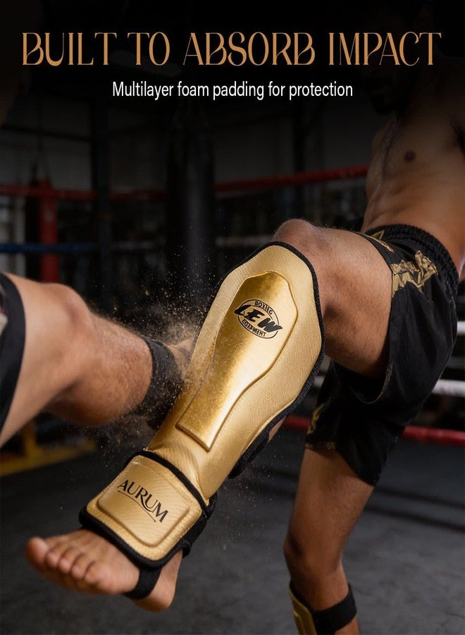 LEW Aurum Shin Guard for MMA & Kickboxing, Synthetic Leather, Multi-Layer Foam Protection, Gold & Black, Elastic Instep Strap - Image 4