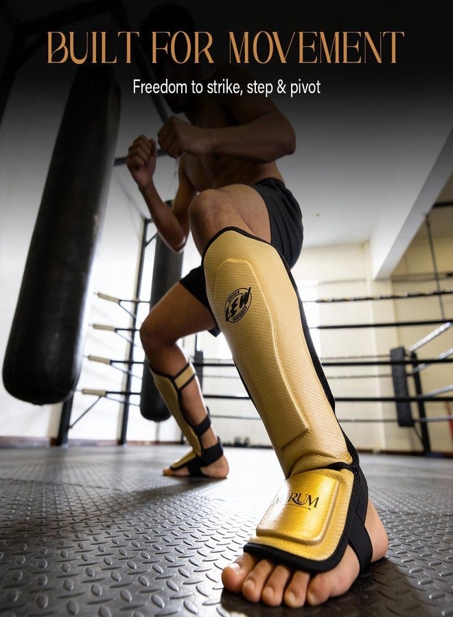 LEW Aurum Shin Guard for MMA & Kickboxing, Synthetic Leather, Multi-Layer Foam Protection, Gold & Black, Elastic Instep Strap - Image 3