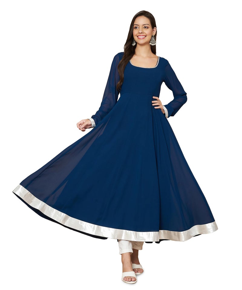 KZA Women's Georgette Hand Embroidered Flared Anarkali Kurta with Full Sleeves for Ethnic Wear Teal Blue - Image 1