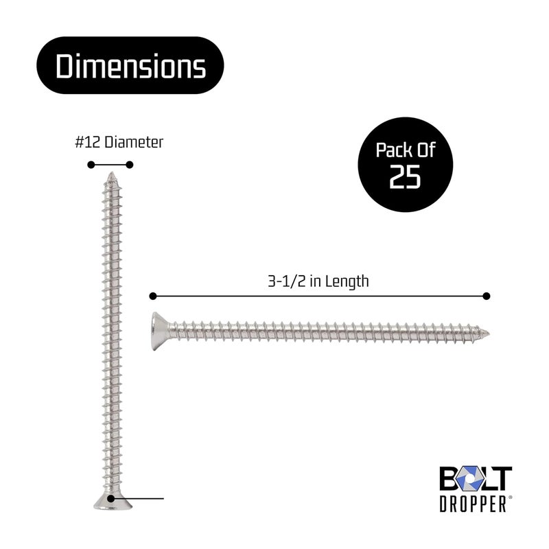 Bolt Dropper #12 X 3-1/2'' Stainless Steel Flat Head Phillips Wood Screw, (25 pc), 18-8 (304) Stainless Steel Sheet Metal Screws - Type A Point, Plain Finish - Image 3