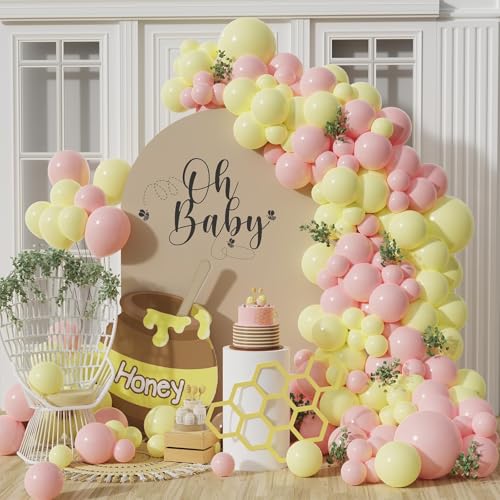 Eopelsm Pastel Pink Yellow Balloon Garland Arch Kit 143PCS Macaron Pink and Yellow Balloon Arch Kit for Honey Bear Baby Shower Princess Birthday Wedding Party Decorations - Image 1