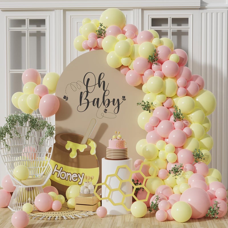 Eopelsm Pastel Pink Yellow Balloon Garland Arch Kit 143PCS Macaron Pink and Yellow Balloon Arch Kit for Honey Bear Baby Shower Princess Birthday Wedding Party Decorations - Image 3