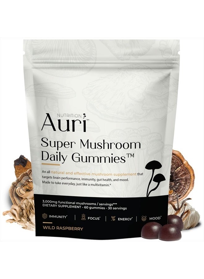 Auri - Super Mushroom Gummies - All-in-One Daily Supplement Gummy - 12 Mushroom Blend with Chaga, Lions Mane, Reishi, Cordyceps - Boost Your Immunity, Focus, Energy, Mood - 60 Gummies - Image 1