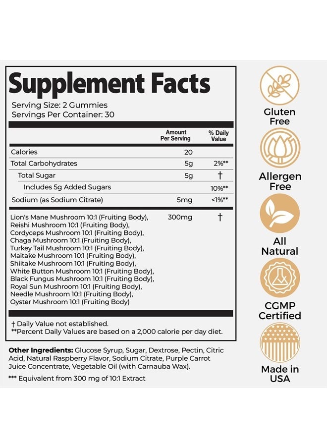 Auri - Super Mushroom Gummies - All-in-One Daily Supplement Gummy - 12 Mushroom Blend with Chaga, Lions Mane, Reishi, Cordyceps - Boost Your Immunity, Focus, Energy, Mood - 60 Gummies - Image 1