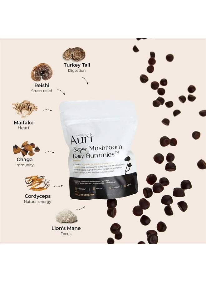 Auri - Super Mushroom Gummies - All-in-One Daily Supplement Gummy - 12 Mushroom Blend with Chaga, Lions Mane, Reishi, Cordyceps - Boost Your Immunity, Focus, Energy, Mood - 60 Gummies - Image 1