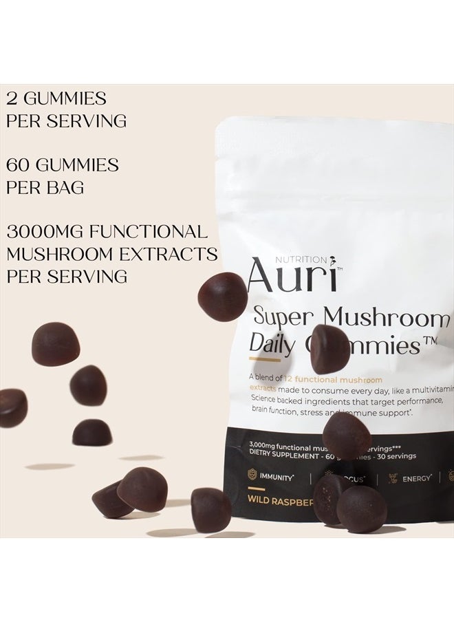 Auri - Super Mushroom Gummies - All-in-One Daily Supplement Gummy - 12 Mushroom Blend with Chaga, Lions Mane, Reishi, Cordyceps - Boost Your Immunity, Focus, Energy, Mood - 60 Gummies - Image 1