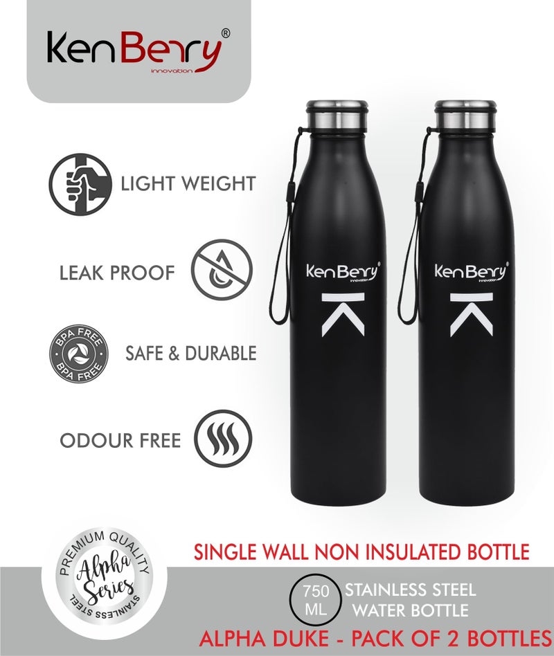 KenBerry Aqua Single Wall Stainless Steel Water Bottle 750 ml (Combi Pack, Black, Pack of 2) - Image 2