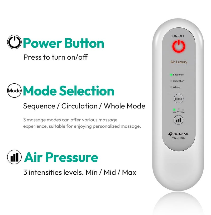 QUINEAR QUIINEAR Full Leg Massager, Foot, Calf & Thigh Massage Machine- 3 Intensities 3 Modes Air Compression Therapy Device Help for Elderly Pain Relief, Swelling, RLS, Edema, 2 Extensions for Bigger Calf - Image 4