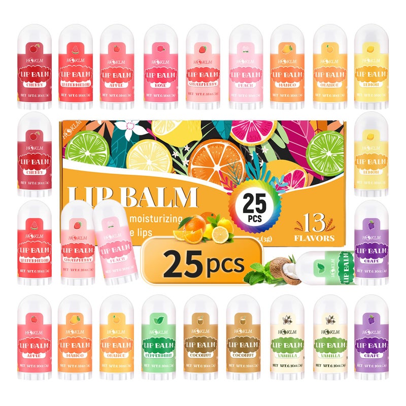 HCKLM Mini Lip Balm 25 Pack, Natural Lip Balms with Vitamin E and Coconut Oil. Moisturizes for Dry Lips, Perfect for Christmas Gifts, Party Favors, Gift Bags and Small Gifts-13 Flavors - Image 1