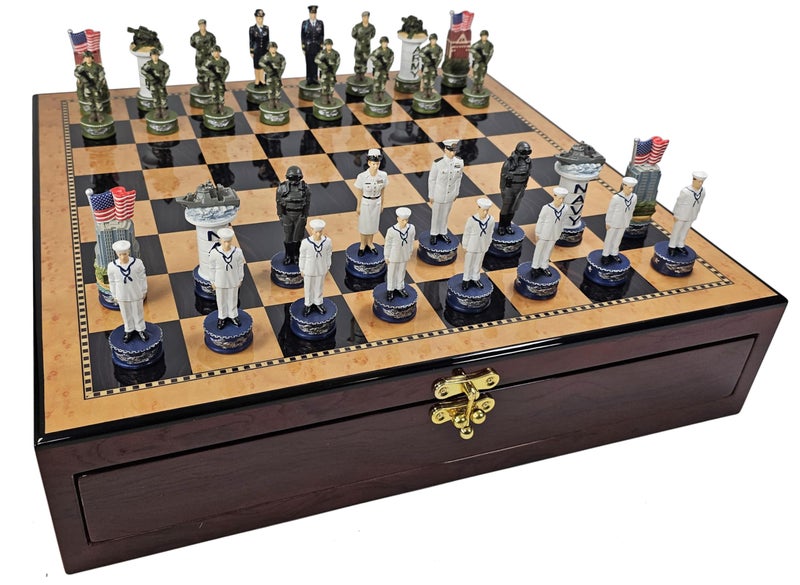 HPL US Military Chess Set Army Navy Air Force or Marines Choose 2 Branches of Men with 17 inch Walnut Color Storage Board Army vs Navy - Image 3