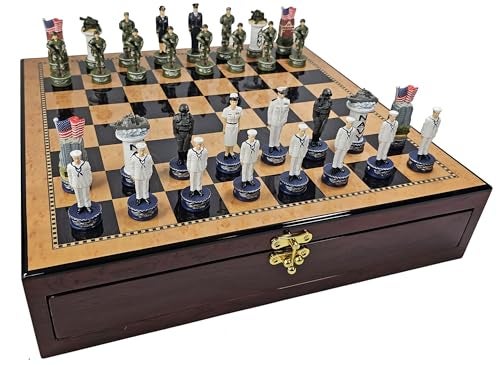 HPL US Military Chess Set Army Navy Air Force or Marines Choose 2 Branches of Men with 17 inch Walnut Color Storage Board Army vs Navy - Image 1
