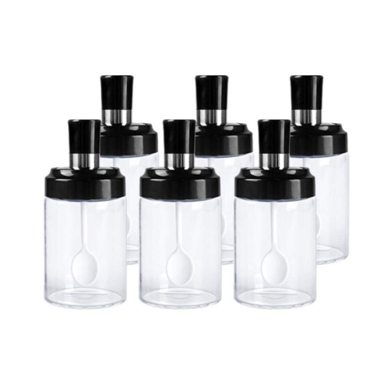 Set of 6 Glass Kitchen Spice and Condiment Jars with Spoons and Brushes, Featuring an Oil Bottle, Honey Dispenser, and Seasoning Pots with Airtight Lids - Image 1