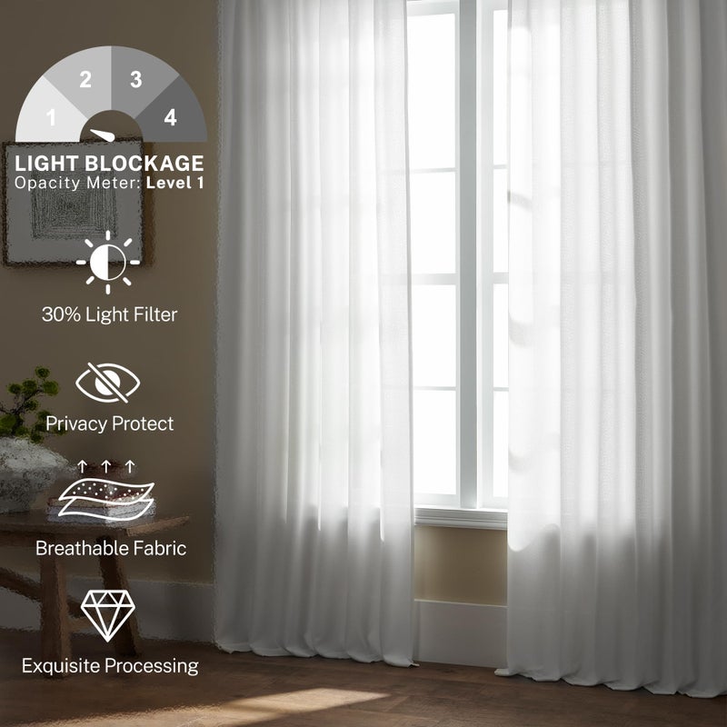 MEETBILY White Linen Sheer Curtains 72 Inches Long for Living Room 2 Panel Set Back Tab Light Filtering Privacy Farmhouse Faux Linen Blend Curtain Drapes 72 Length for Window Cabin  Aesthetic Neutral Decor - Image 2