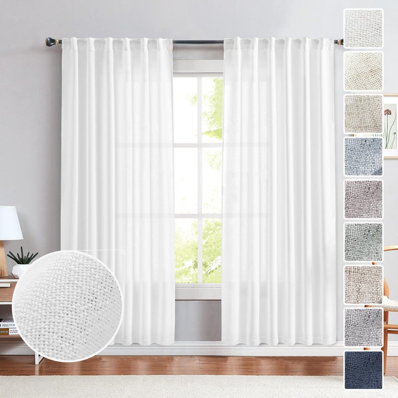 MEETBILY White Linen Sheer Curtains 72 Inches Long for Living Room 2 Panel Set Back Tab Light Filtering Privacy Farmhouse Faux Linen Blend Curtain Drapes 72 Length for Window Cabin  Aesthetic Neutral Decor - Image 1