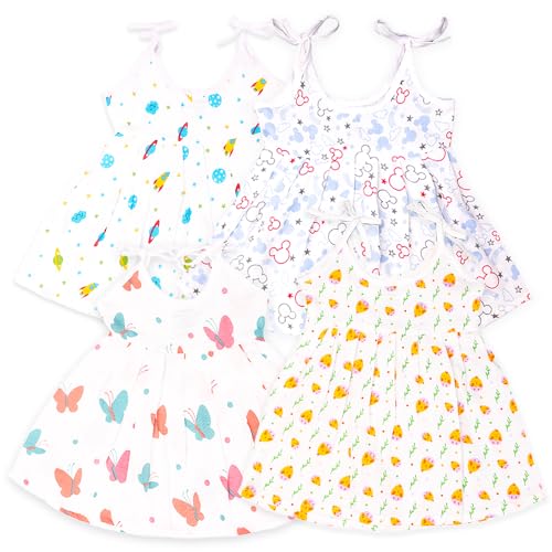 Kidbea® Extra Soft Muslin Fabric Baby Girls Frock | Pack of 4 | Space, Butterfly, Cute Chick and Mickey Print Size 3-6 Months - Image 1