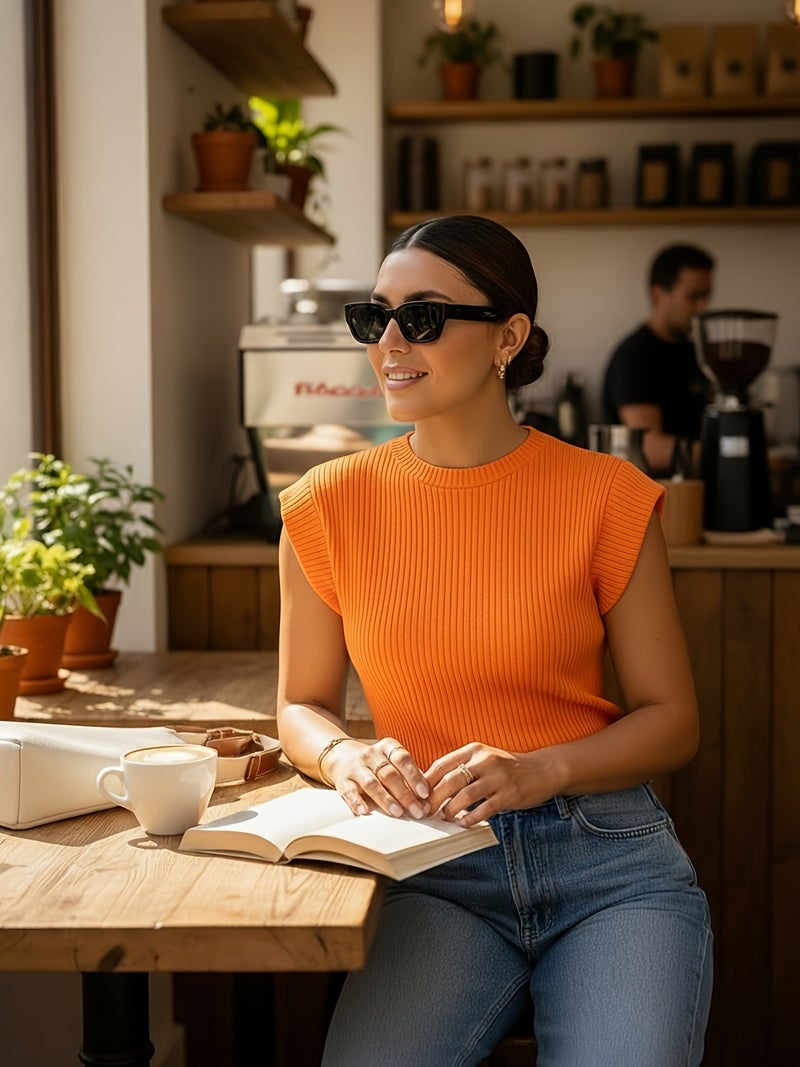 Easy And Versatile Women'S Sleeveless Top, Short - Sleeved Sweater, Spring And Summer Casual Base Layer, High Elasticity, Comfortable And Breathable - Orange red / XS - Image 2