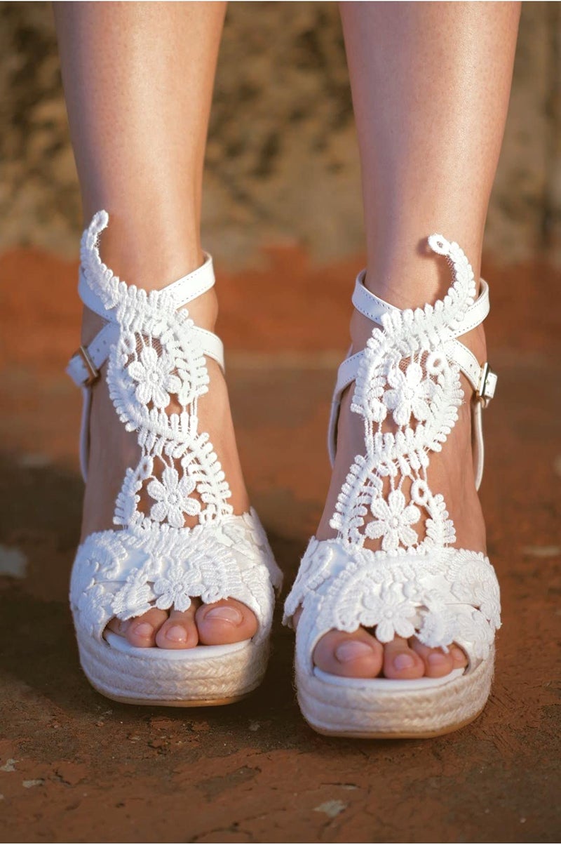 MiLanolce Women's Platform Sandals Wedge Open Toe Ankle Strap lace Wedding Shoes Bridesmaid Shoes,White,Size-9 - Image 3
