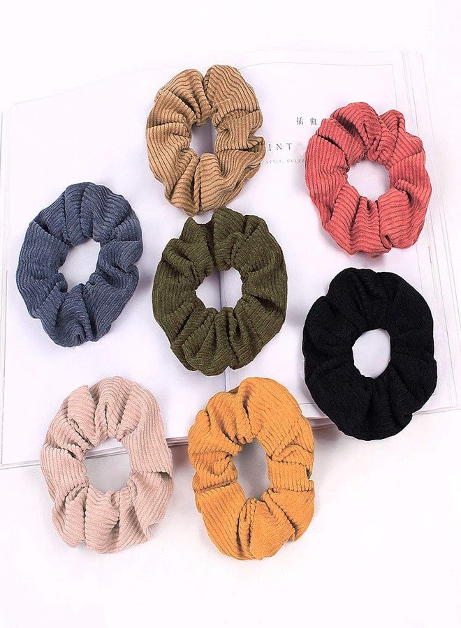 DINPREY 7 PCS Ribbed Hair Scrunchies, Solid Color Velvet Elastic Hair Ties, Thread Large Hair Ties, Strong Elastic Hair Bobbles for Ponytail Holder - Image 2