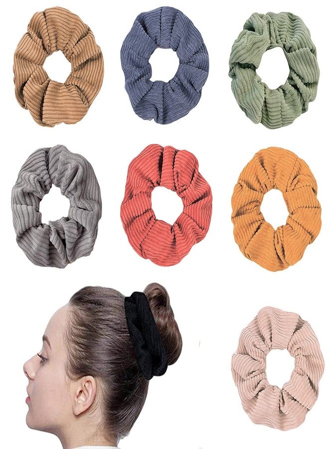 DINPREY 7 PCS Ribbed Hair Scrunchies, Solid Color Velvet Elastic Hair Ties, Thread Large Hair Ties, Strong Elastic Hair Bobbles for Ponytail Holder - Image 1