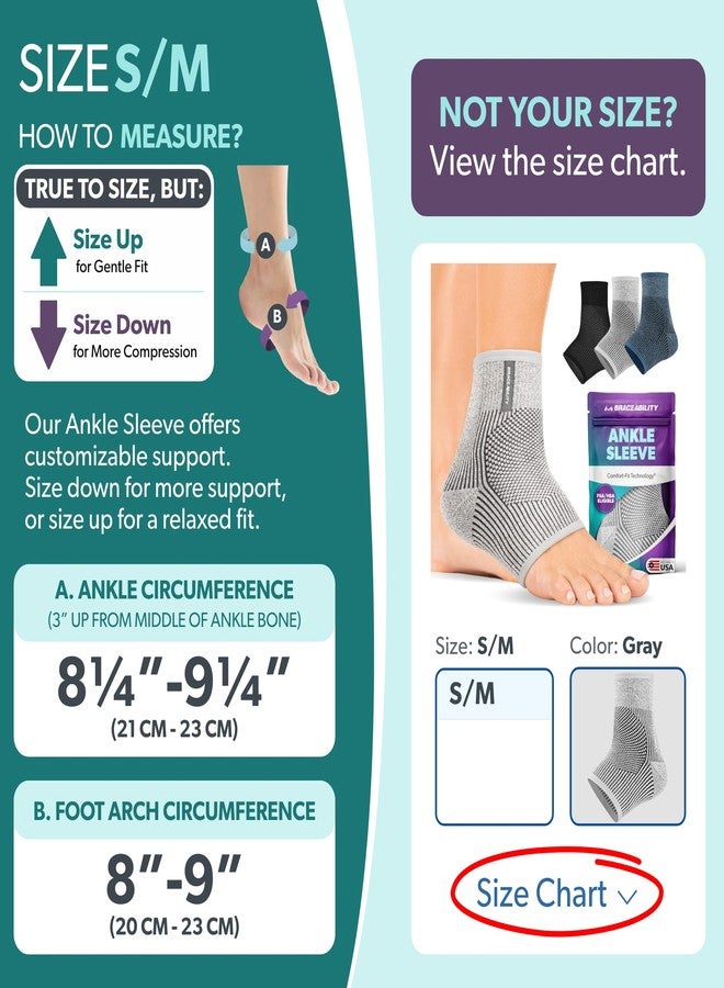 BraceAbility Ankle Compression Sleeve for Foot Pain Relief - Peroneal Tendonitis Brace, Ankle Swelling, Plantar Fasciitis, Achilles Tendon Support Sleeve for Women and Men (Gray - S/M) - Image 2