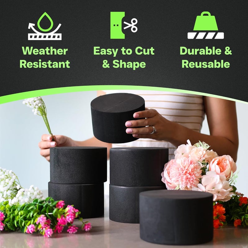 Xcel Floral Foam Blocks - Reusable, Weather Resistant Craft Foam Fresh & Artificial Flower Arrangements, Faux Florist Foam Planters Florist Supplies (Black 5" Round x 3" Thick - 6 Pack) - Image 2