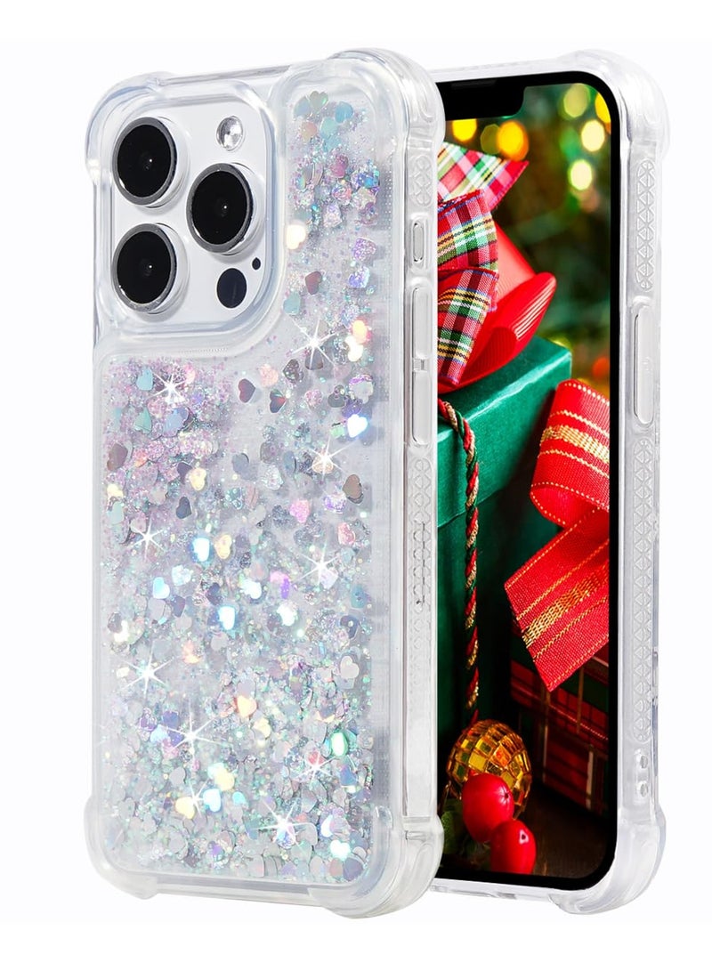 SYOSI Glitter Case for iPhone 15 Pro Max, Clear Soft TPU Rubber Bumper, Bling Girly Women Cute Liquid Holiday Case, Silver, 6.7 inch - Image 1