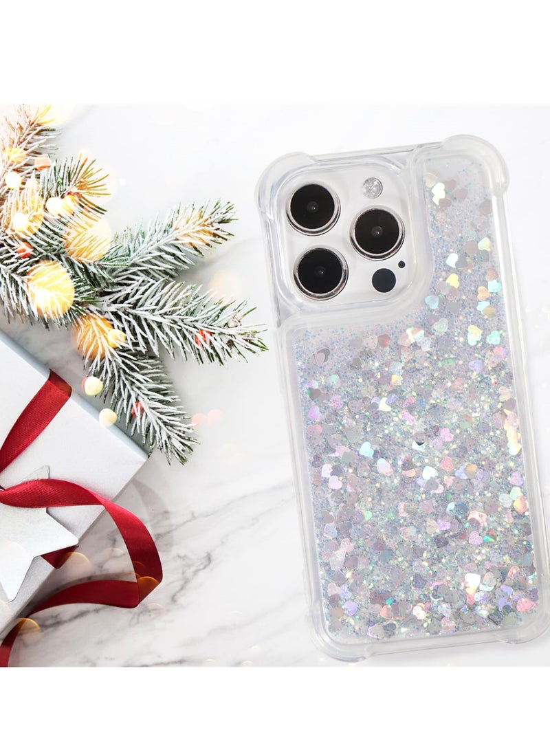 SYOSI Glitter Case for iPhone 15 Pro Max, Clear Soft TPU Rubber Bumper, Bling Girly Women Cute Liquid Holiday Case, Silver, 6.7 inch - Image 4