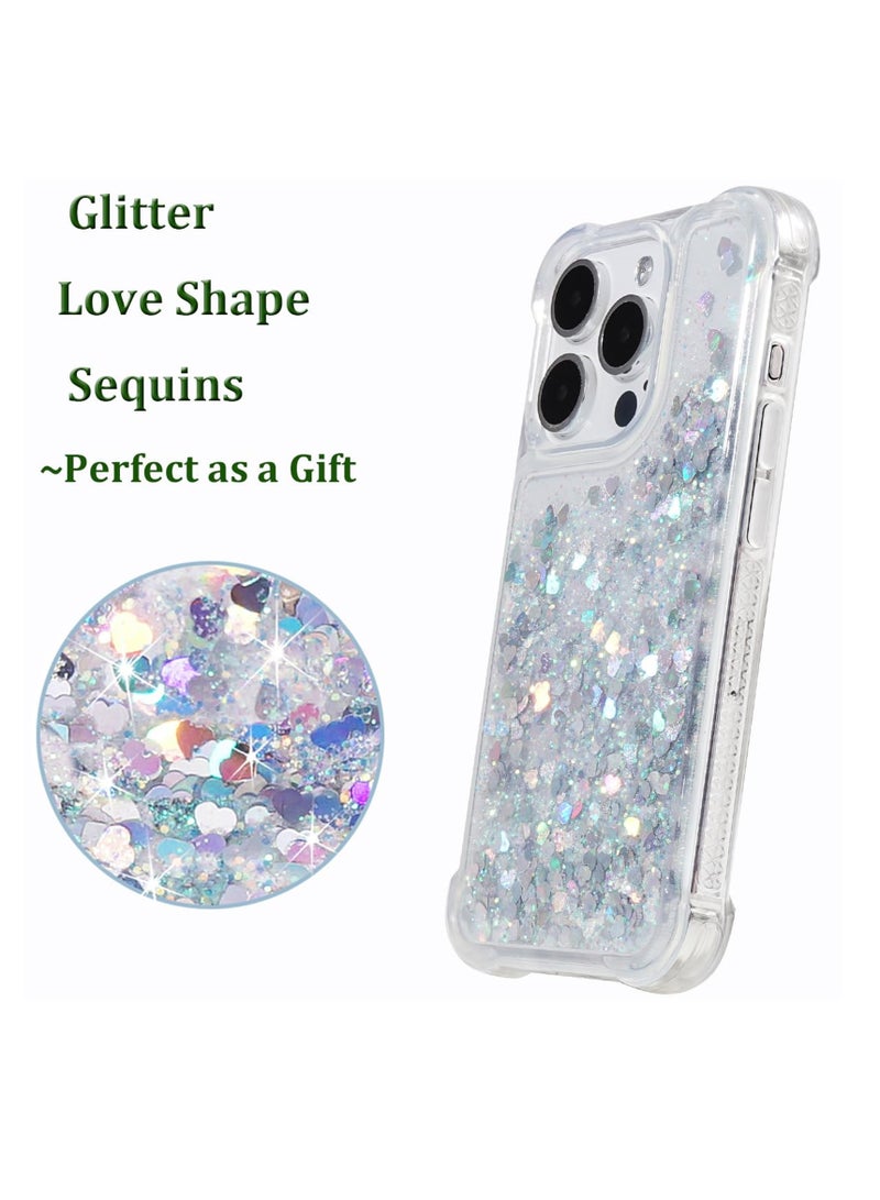 SYOSI Glitter Case for iPhone 15 Pro Max, Clear Soft TPU Rubber Bumper, Bling Girly Women Cute Liquid Holiday Case, Silver, 6.7 inch - Image 2