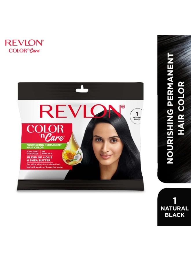 REVLON Color 'n Care NOURISHING PERMANENT HAIR COLOR - 1 Natural Black - Has essentials oils of Coconut Argan, Sunflower & Jojoba oil, along with shea butter - Sachet - Image 3