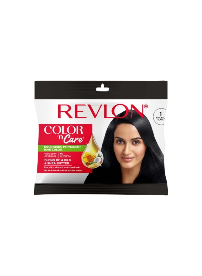 REVLON Color 'n Care NOURISHING PERMANENT HAIR COLOR - 1 Natural Black - Has essentials oils of Coconut Argan, Sunflower & Jojoba oil, along with shea butter - Sachet - Image 1
