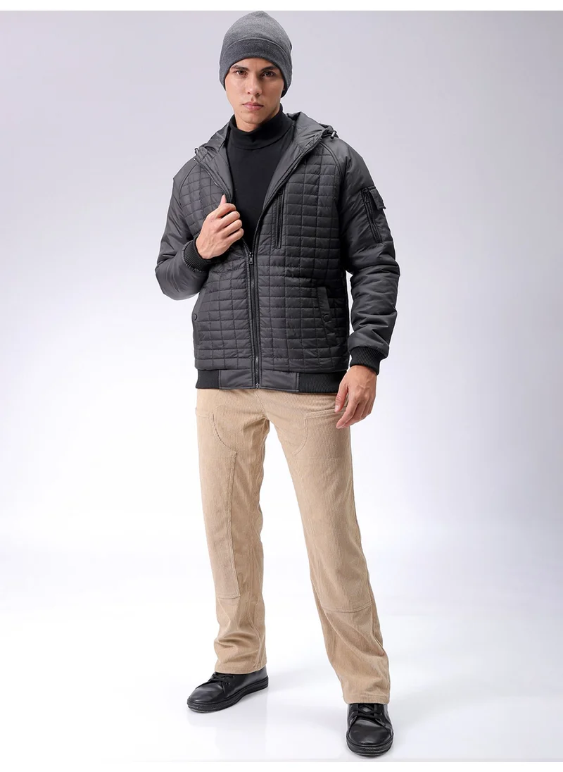 شركة المرآب الهندية Mens Black Slim Fit Quilted Hooded Zipper Placket Side Pocket Winter Jacket