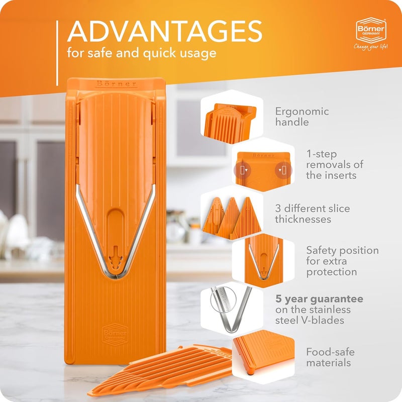 Börner V3 Vegetable Slicer (Base Set) • V-Shaped Mandoline for Slices in 3 Thicknesses • Adjustable Vegetable & Fruit Cutter • With Rubber Feet & Stainless Steel V-Blade • Orange - Image 4