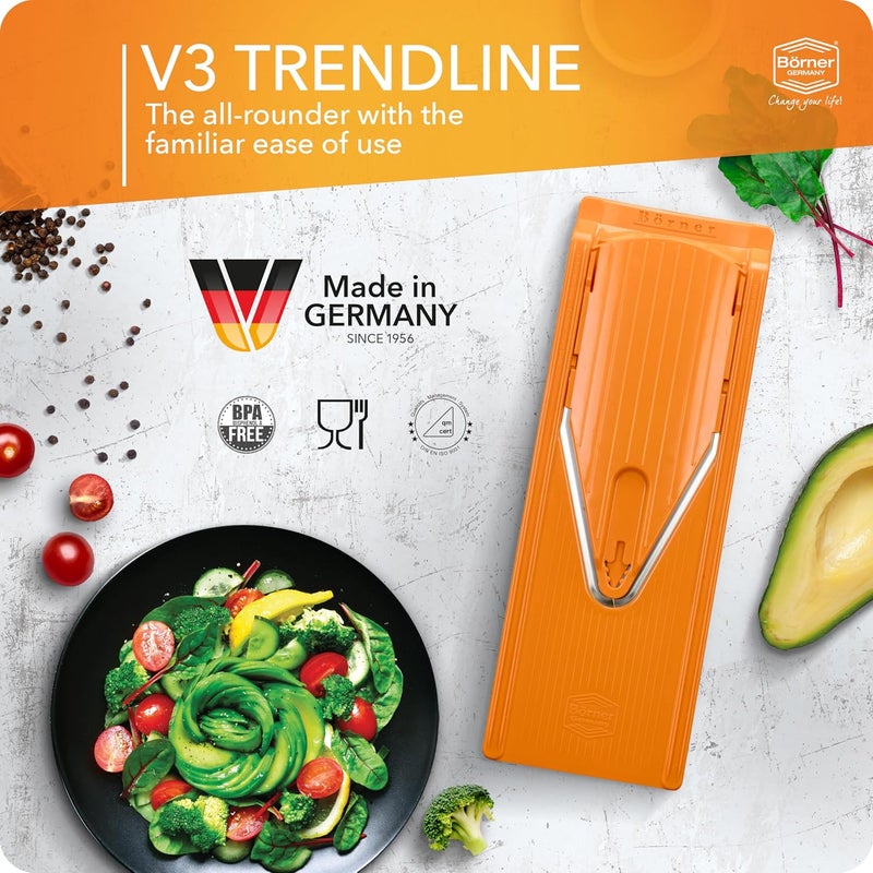 Börner V3 Vegetable Slicer (Base Set) • V-Shaped Mandoline for Slices in 3 Thicknesses • Adjustable Vegetable & Fruit Cutter • With Rubber Feet & Stainless Steel V-Blade • Orange - Image 3