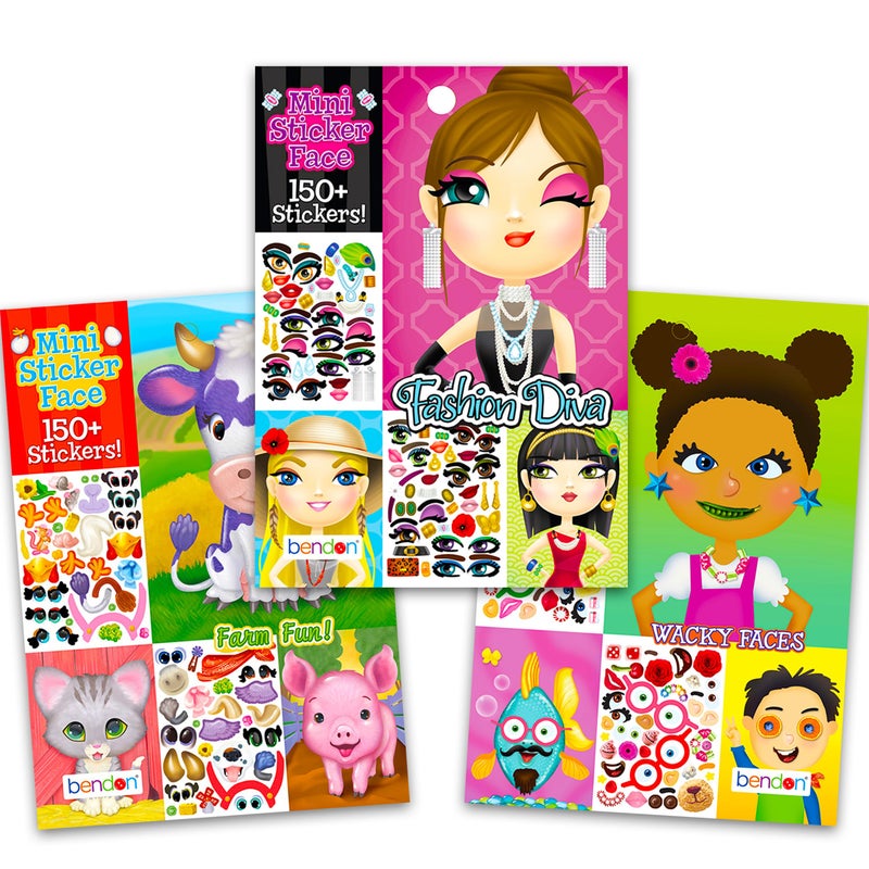 Bendon Make a Face Sticker Books Set  3 Mini 5x7 Sticker Books Funny Farm Wacky Faces and Fashion Diva  70 Faces and 450 Stickers Activity Kit