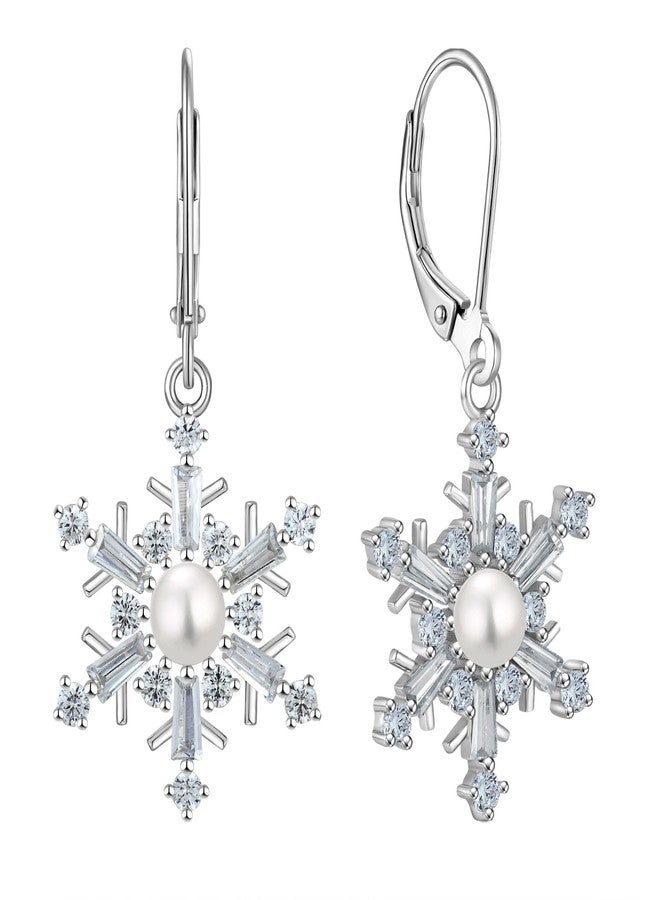 YL Snowflakes Earrings Sterling Silver Freshwater Cultured Pearl Dangle Earring Cubic Zirconia Christmas Jewelry for Women - Image 1