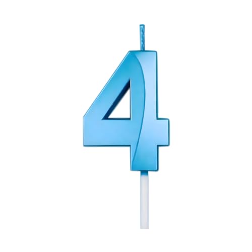 Juzfun Birthday Number Candles 4 Year Cake Topper Decoration Fourth Year Wedding Anniversary Party Metallic Blue Colour Size : Width 5 x Height 7 cm - Image 1